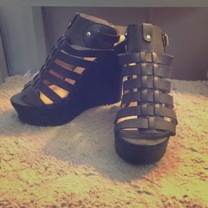 Black Strappy Wedge Heels